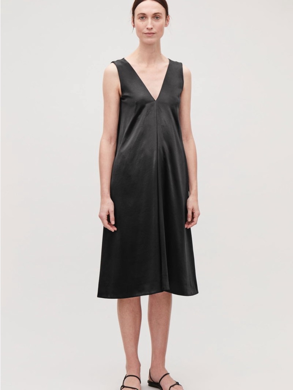 COS Smooth Sleeveless Midi Dress Black Deep V Neck Minimalist Size 2